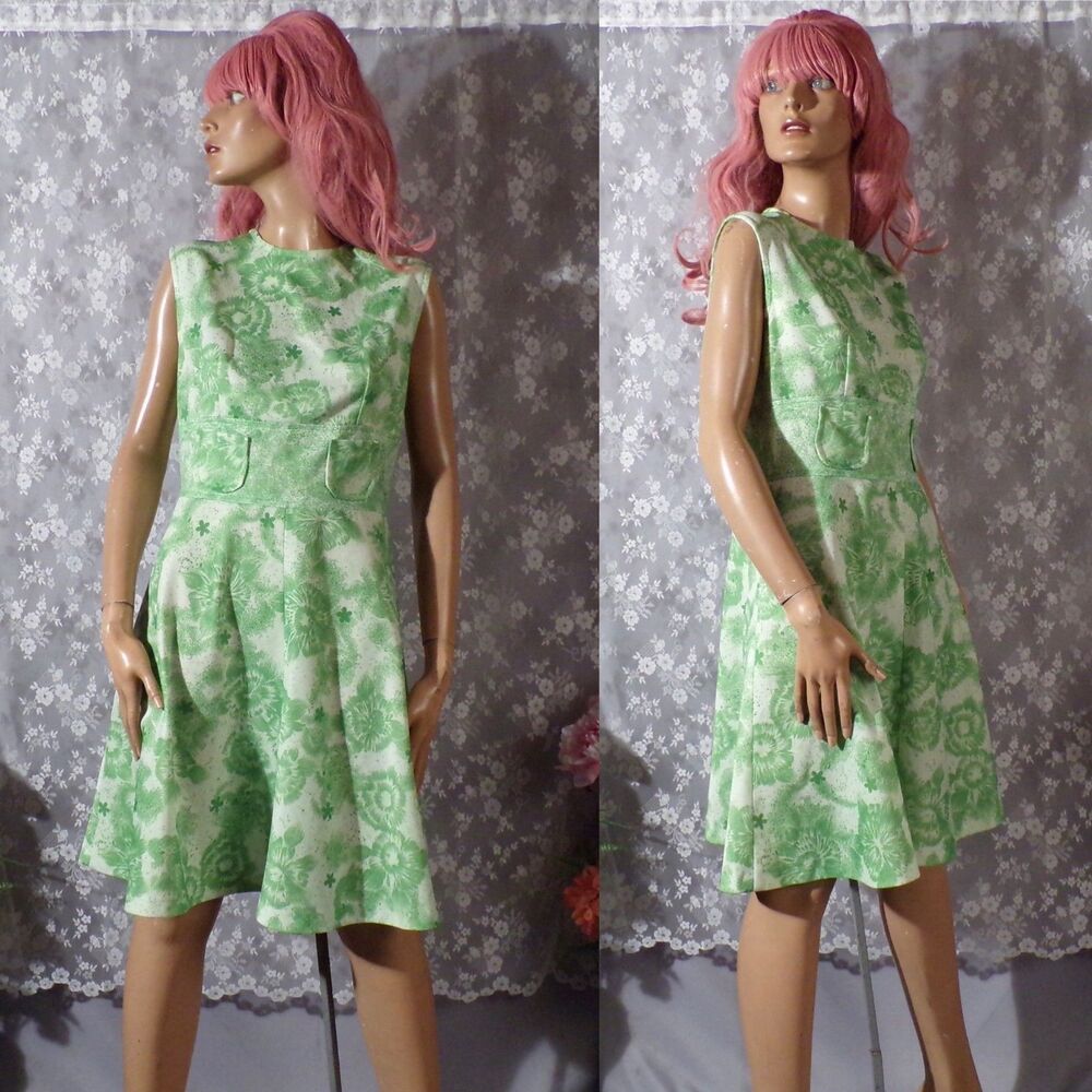 Vintage 60s 70s Green Floral Dress Mod A Line Retro Groovy Size Medium Large M/L